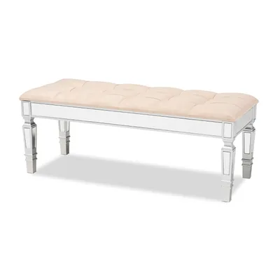 Beige Button Tufted Bench with Mirrored Base
