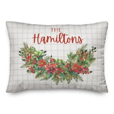 Personalized Holly Greenery Check Pillow
