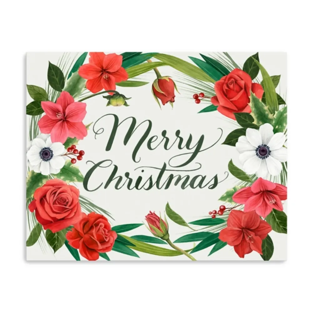 Merry Christmas Floral Wreath Canvas Wall Plaque