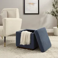 Square Blue Sherpa Upholstered Storage Ottoman