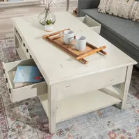 Distressed Cream Wood 3-Drawer Coffee Table