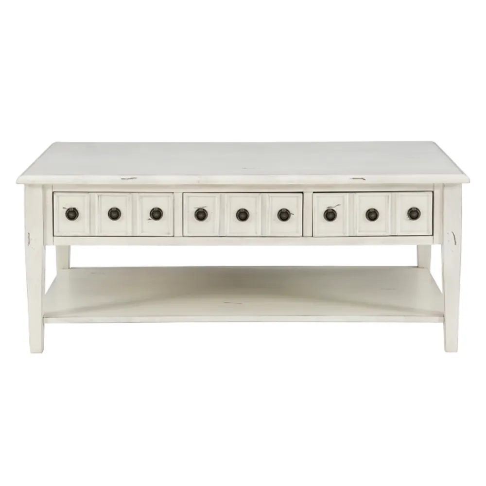 Distressed Cream Wood 3-Drawer Coffee Table