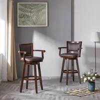 Brown Wood and Faux Leather Swivel Bar Stool