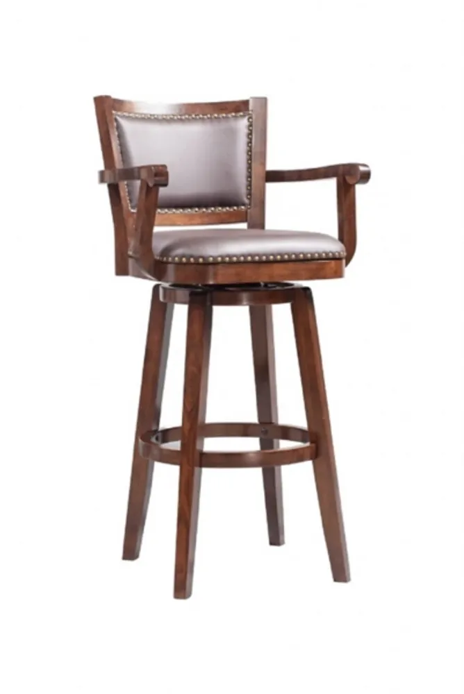 Brown Wood and Faux Leather Swivel Bar Stool