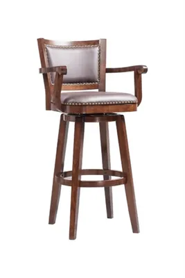 Brown Wood and Faux Leather Swivel Bar Stool