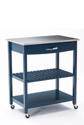 Navy Wood and Stainless Steel Top Kitchen Cart