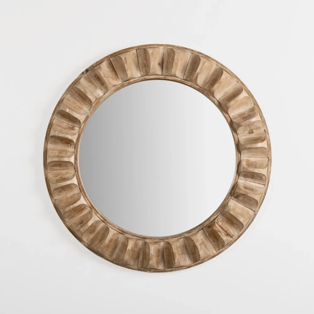 Round Natural Textured Wood Wall Mirror