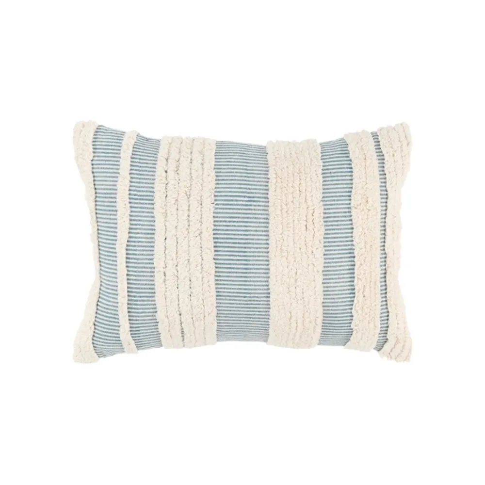 Teal and Natural Tufted Stripes Lumbar Pillow