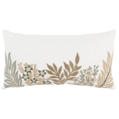 Neutral Blooms Hand Embroidered Lumbar Pillow