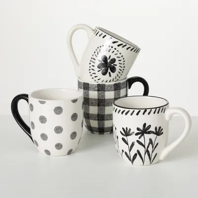 Black and White Multi Pattern Mugs, Set of 4