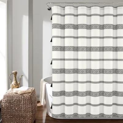 Black and White Striped Boho Shower Curtain