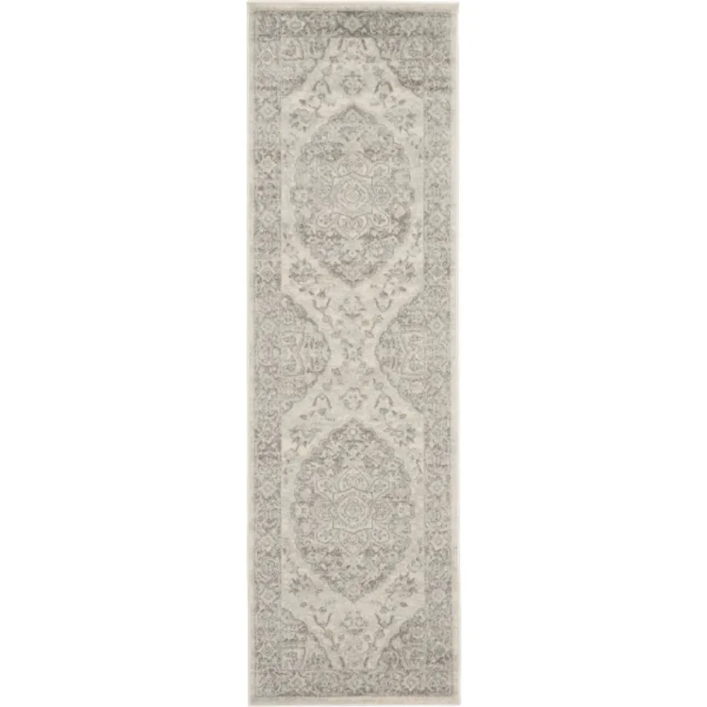 Ivory and Gray Oushak Medallion Runner, 2x7