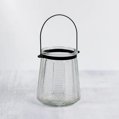 Ribbed Glass Lantern with Metal Handle, 6 in.