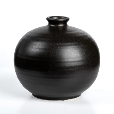 Round Satin Black Stoneware Vase, 8 in.