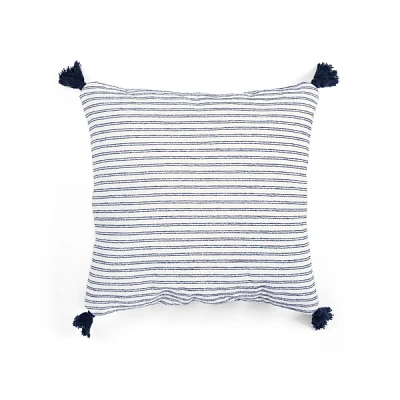 Navy Thin Woven Stripe Tassel Pillow