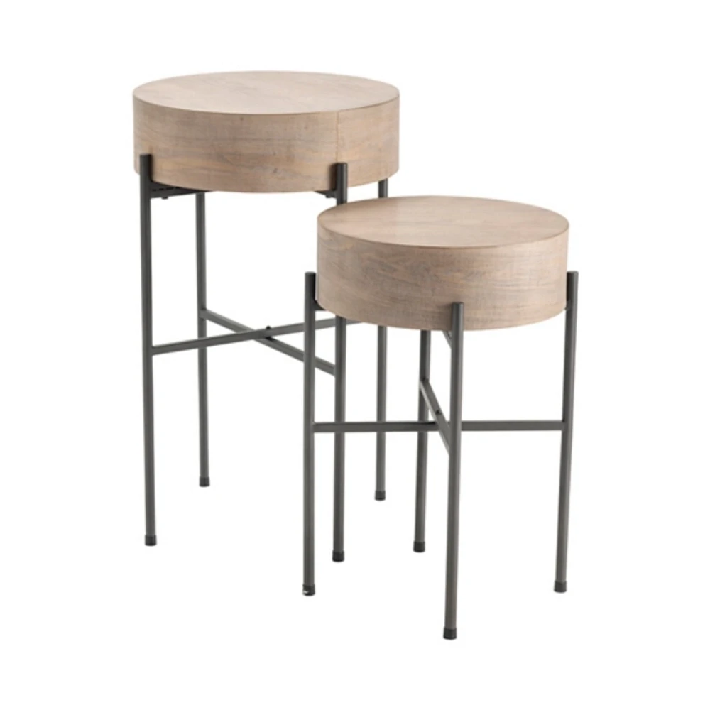 Round Light Wood and Metal Accent Tables, Set of 2