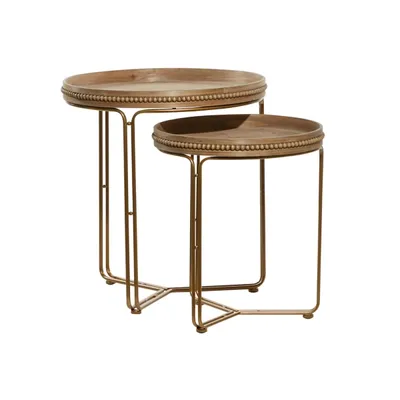 Brown Wood Beaded Nesting Side Tables, Set of 2