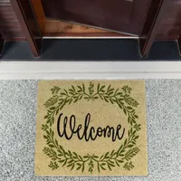 Green Wreath Welcome Coir Doormat