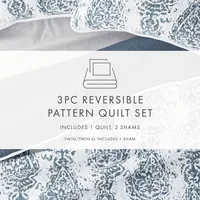 Blue Damask Reversible 3-pc. Queen Quilt Set