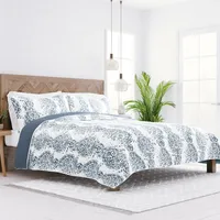 Blue Damask Reversible 3-pc. Queen Quilt Set