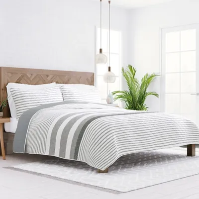 Gray Striped Reversible 3-pc. Queen Quilt Set