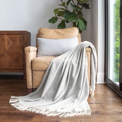 Gray Herringbone Throw with Fringe