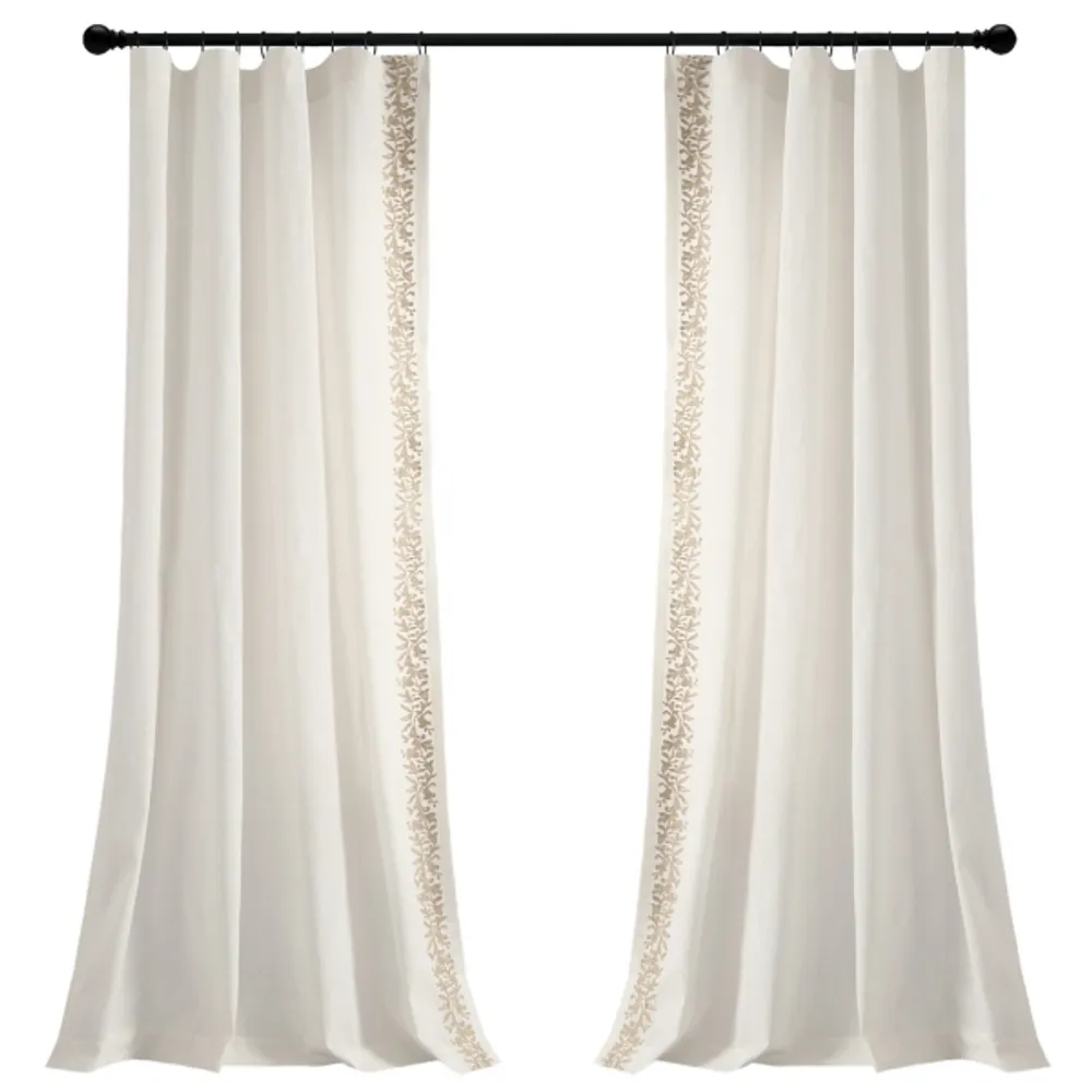 White and Tan Embroidered Curtain Panel, 84 in.