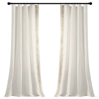 White and Tan Embroidered Curtain Panel, 84 in.