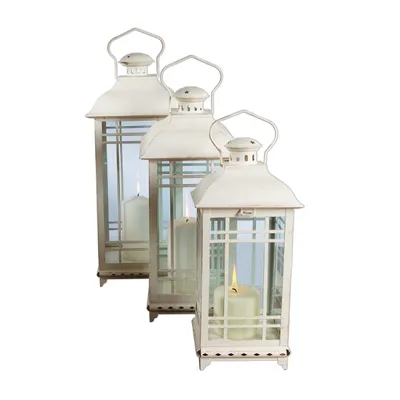 White Metal Windowpane Lanterns, Set of 3