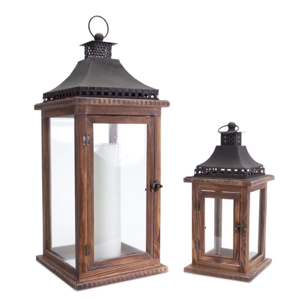 Black Metal Top Wood Lanterns, Set of 2