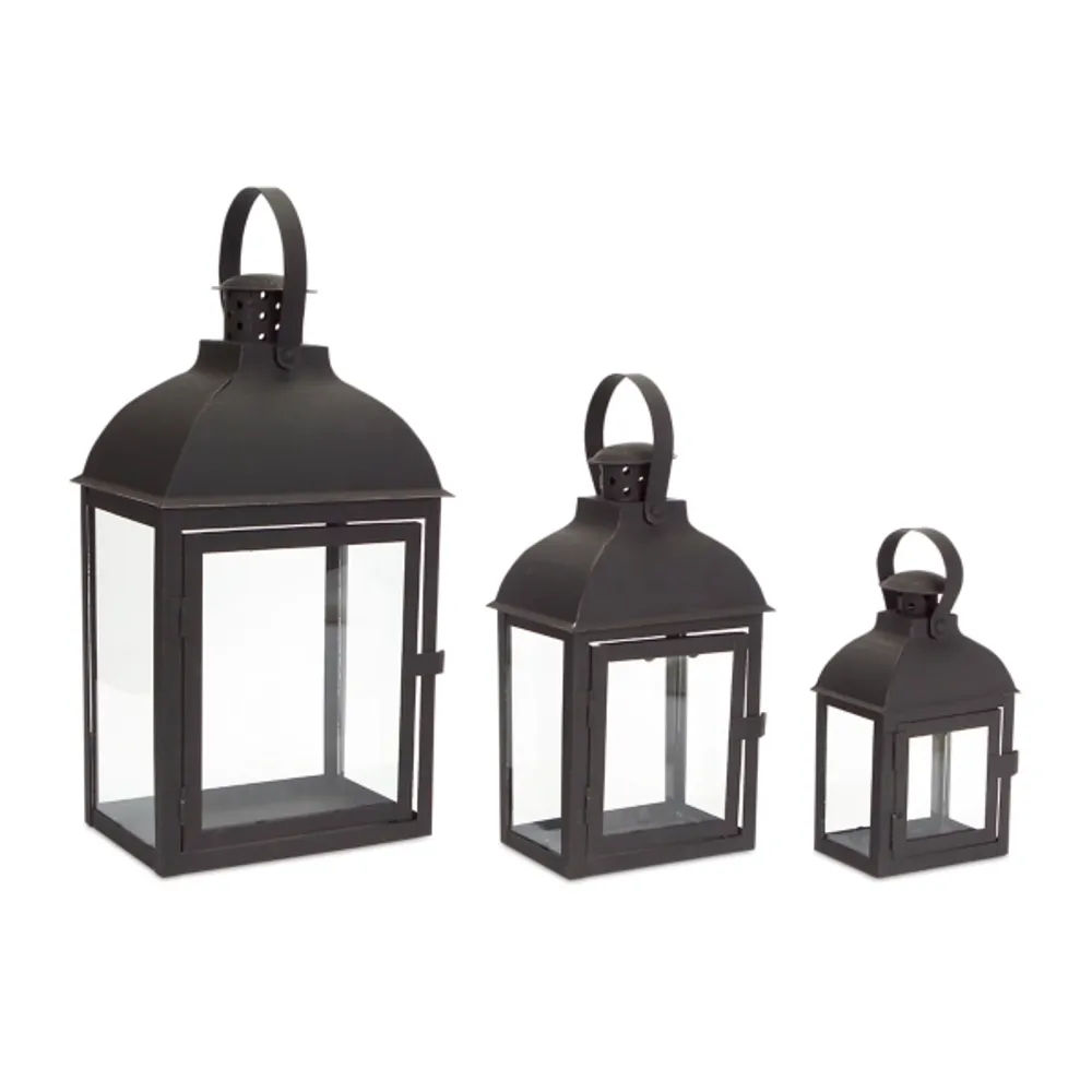 Black Metal Slope Top Lanterns, Set of 3