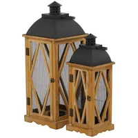 Brown Wood and Black Mesh Lanterns, Set of 2