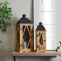 Brown Wood and Black Mesh Lanterns, Set of 2