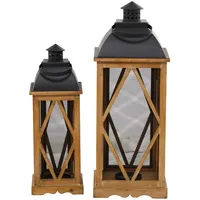 Brown Wood and Black Mesh Lanterns, Set of 2