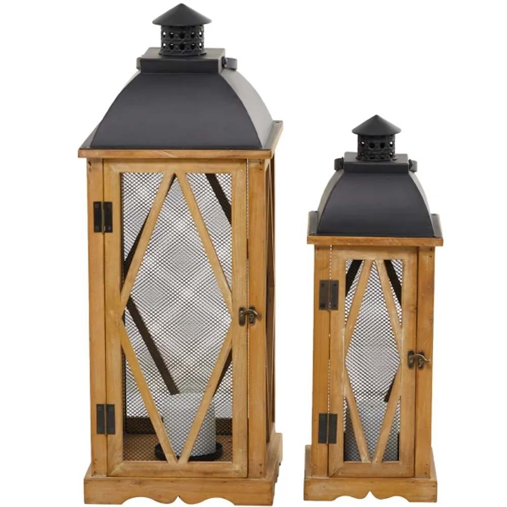 Brown Wood and Black Mesh Lanterns, Set of 2