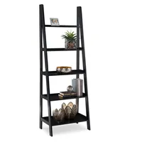 Black Wood 5-Tier Ladder Bookshelf
