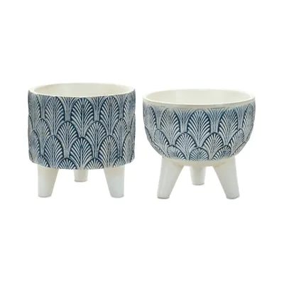 White and Blue Geometric Pots with Legs, Set of 2