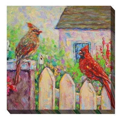 Cardinals on Fence Outdoor Canvas Art Print