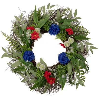 Red and Blue Mixed Floral and Foliage Wreath