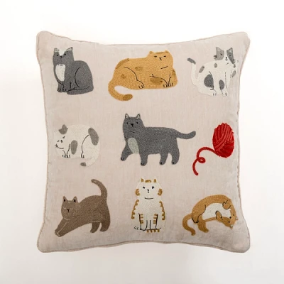 Embroidered Cats Chenille Pillow