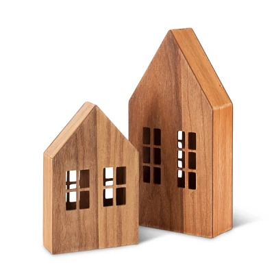 Decorative Wood House Statues, Set of 2