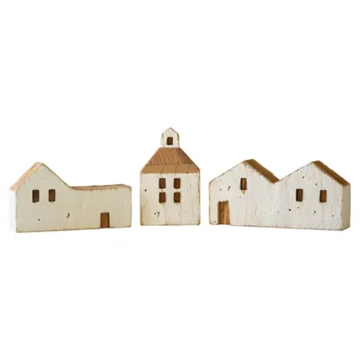 White Wood House Figurines, Set of 3