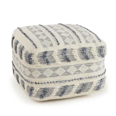 Ivory and Navy Textured Stripe Pouf