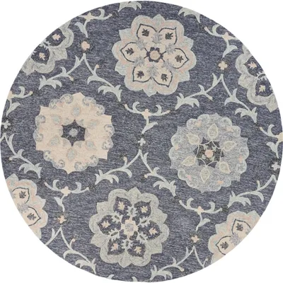 Round Blue Geometric Floral Area Rug, 4x4