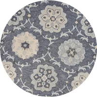 Round Blue Geometric Floral Area Rug, 4x4