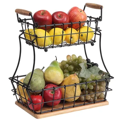Black Metal and Wood Stackable Kitchen Baskets