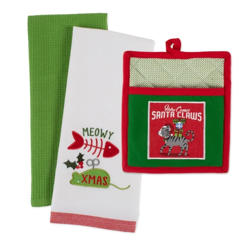 Santa Claws Cat 3-pc. Dishtowel & Potholder Set