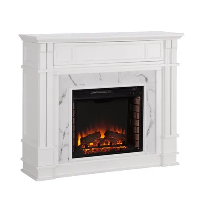 White Wood Faux Marble LED Media Fireplace