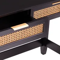 Black Wood Cane Drawers Console Table