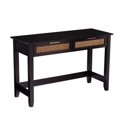 Black Wood Cane Drawers Console Table